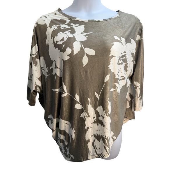Clara Sun Woo‎ 1X Taupe White Asymmetrical Floral Print Stretch Tunic Top Artsy - Picture 1 of 6